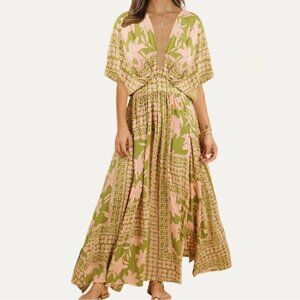 Women's Green & Taupe Floral Print V Neck Short Sleeve Loose Fit Maxi Dress